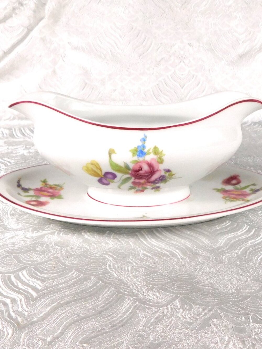 Hutschenreuther Gravy Boat with Floral Design and Pink Trim #  27540